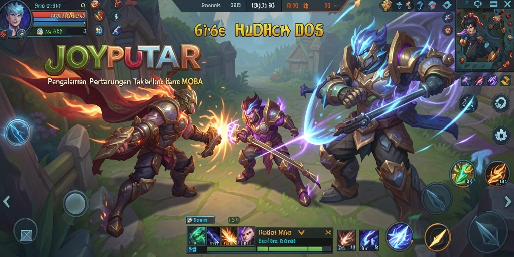 Tangkapan layar gameplay mendebarkan dari JOYPUTAR yang menunjukkan aksi MOBA.