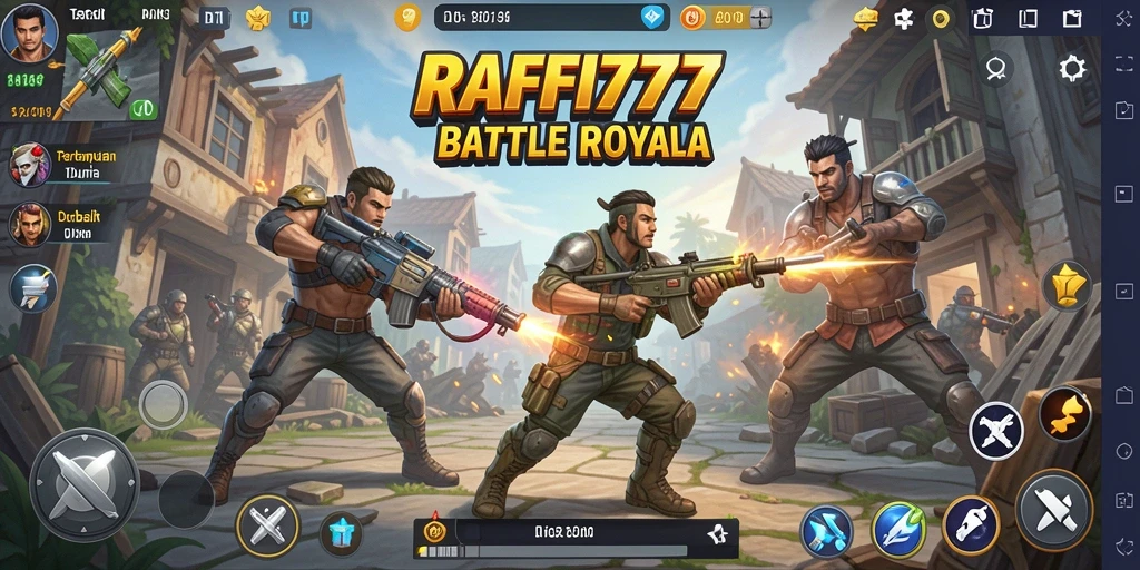 Screenshot gameplay <strong>RAFFI777</strong> menampilkan aksi pertempuran seru di arena Battle Royale.