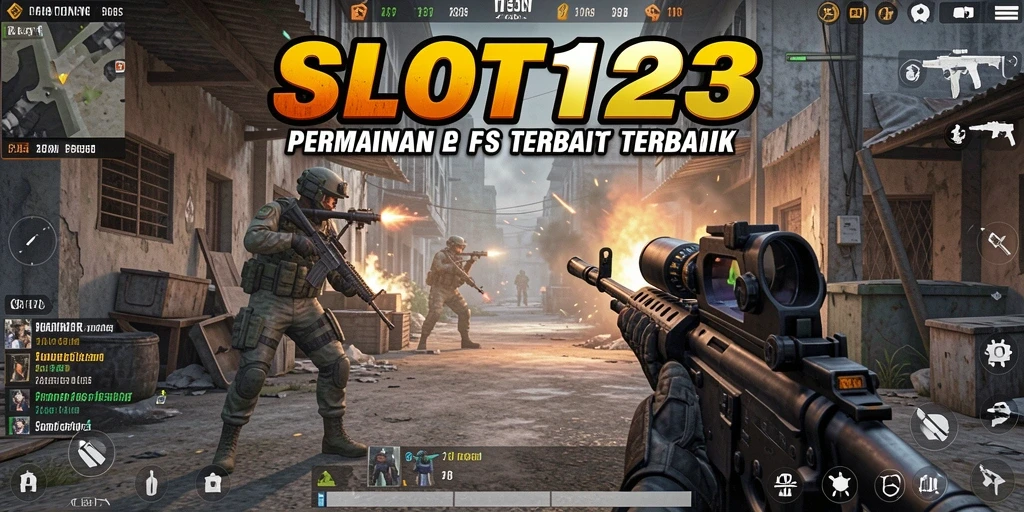 Tampilan aksi seru dalam permainan FPS SLOT123.